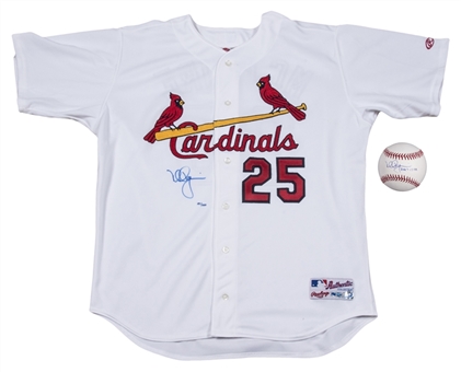Lot of (2) Mark McGwire Signed St. Louis Cardinals Replica Jersey and OML Selig Baseball (MLB Authenticated & Steiner)